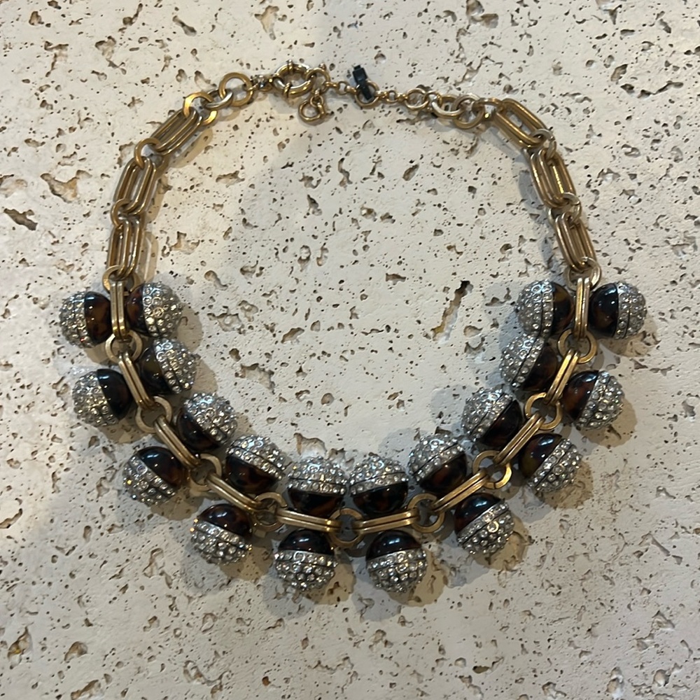 J. Crew brass link tortoise and pave crystal necklace.